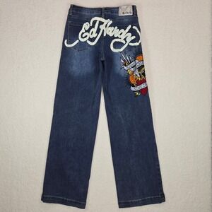 Ed Hardy Brave Hearts Stay True Eagle Womens Wide Leg Jeans Sz 28 Y2K Streetwear